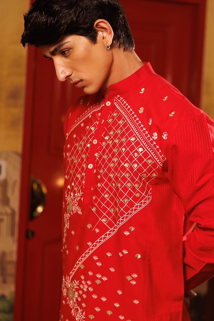 Red Katan Silk Hand Embroidered Kurta Set by Sahil Kochhar Men at Pernia's Pop Up Shop