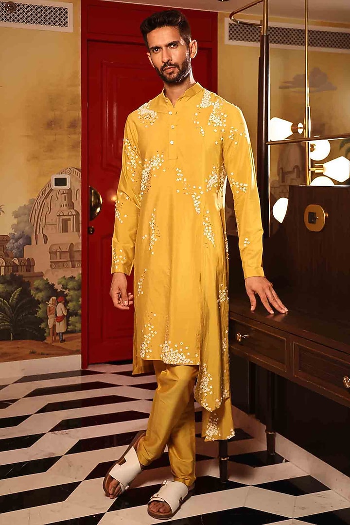 Yellow Katan Silk Hand Embroidered Kurta Set by Sahil Kochhar Men at Pernia's Pop Up Shop