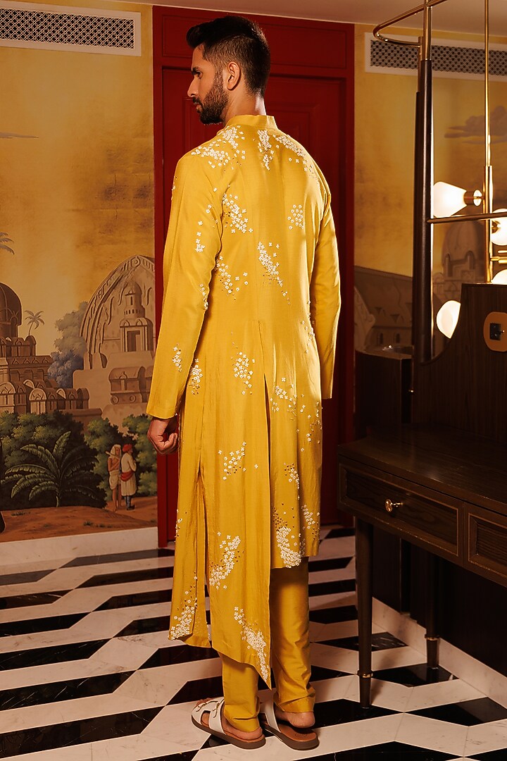 Yellow Katan Silk Hand Embroidered Kurta Set by Sahil Kochhar Men at Pernia's Pop Up Shop