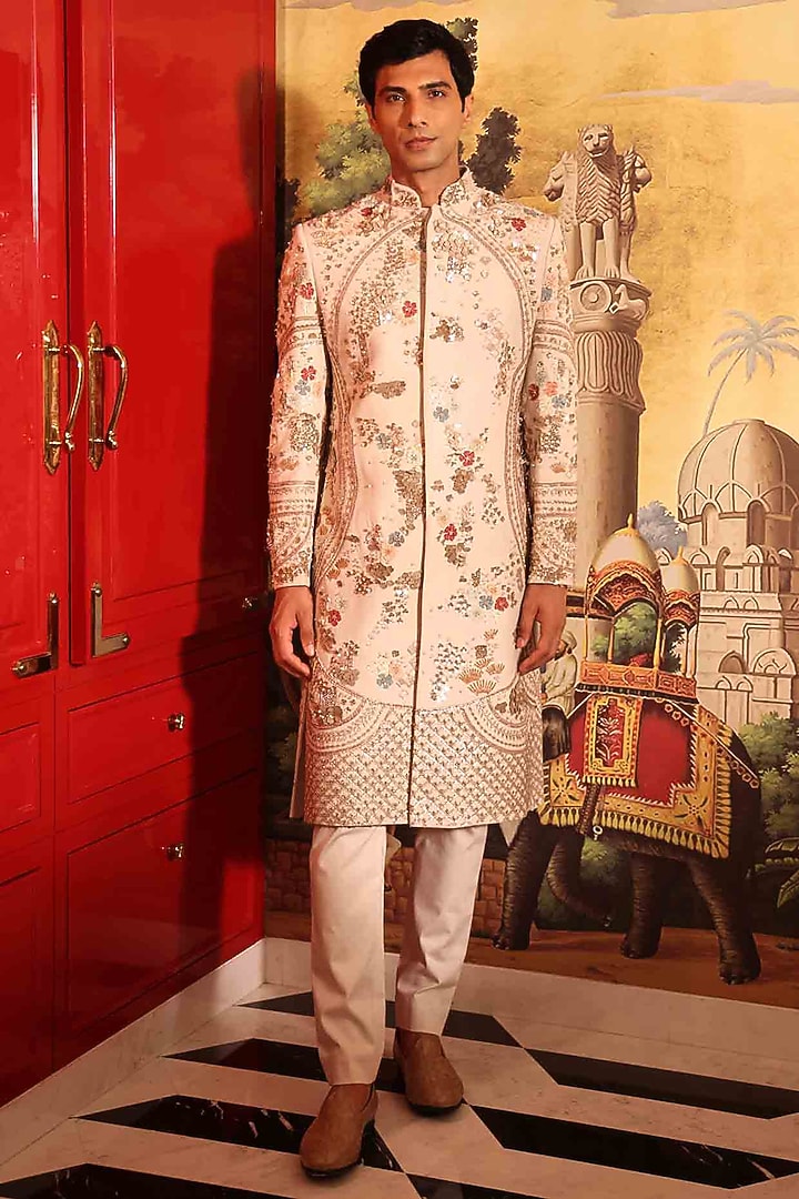 Ivory Matka Silk Hand Embroidered Groom Sherwani Set by Sahil Kochhar Men at Pernia's Pop Up Shop