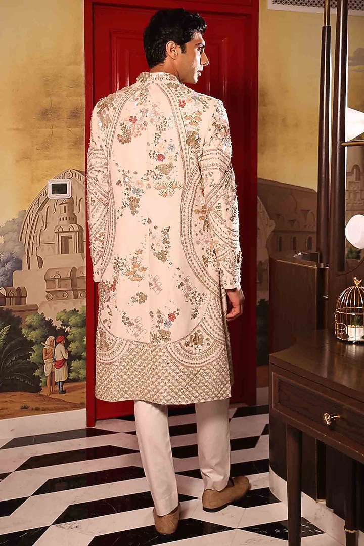 Ivory Matka Silk Hand Embroidered Groom Sherwani Set by Sahil Kochhar Men at Pernia's Pop Up Shop