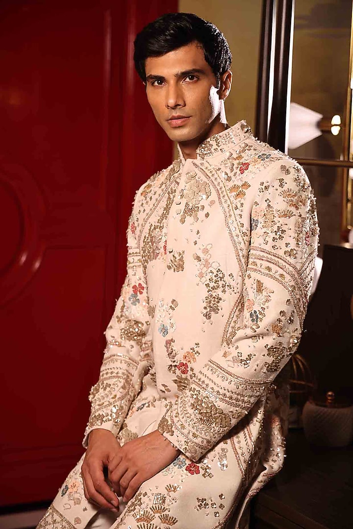 Ivory Matka Silk Hand Embroidered Groom Sherwani Set by Sahil Kochhar Men at Pernia's Pop Up Shop