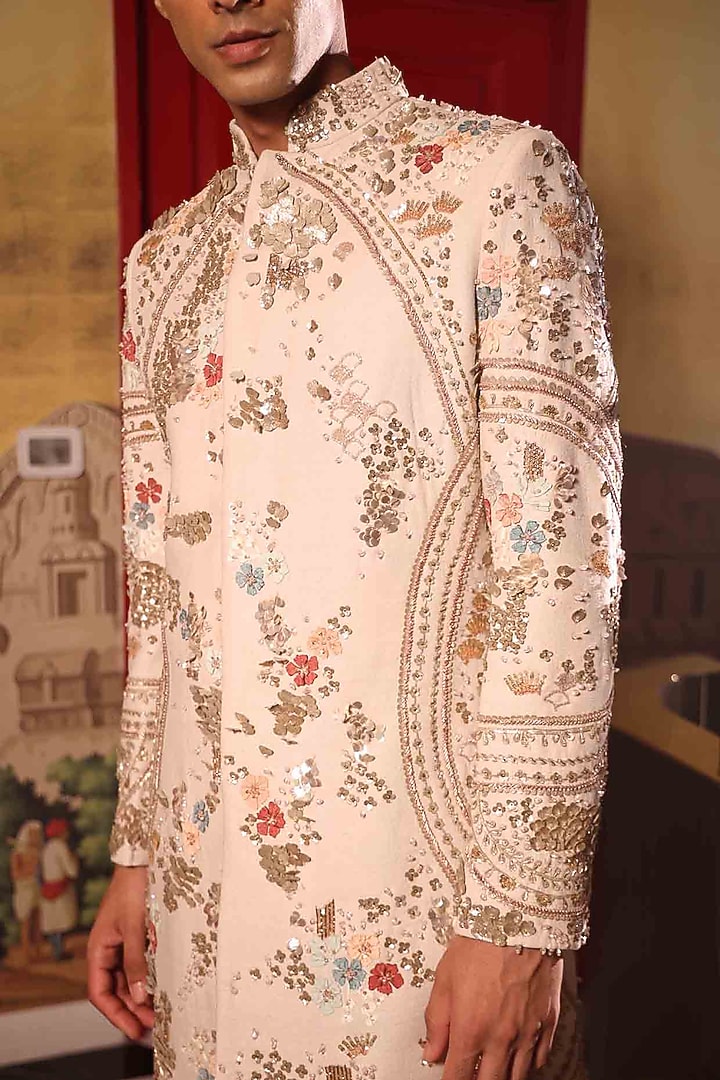 Ivory Matka Silk Hand Embroidered Groom Sherwani Set by Sahil Kochhar Men at Pernia's Pop Up Shop