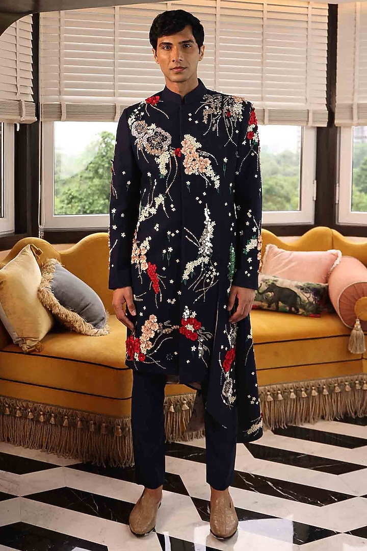 Black Silk Velvet Hand Embroidered Groom Sherwani Set by Sahil Kochhar Men at Pernia's Pop Up Shop