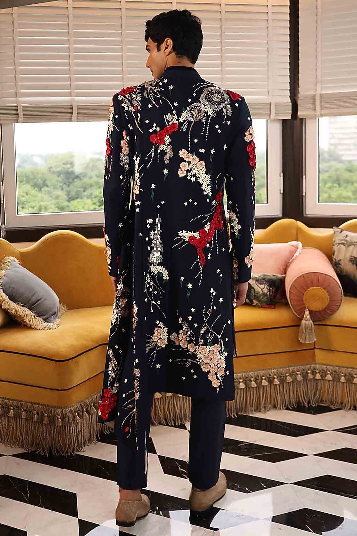 Black Silk Velvet Hand Embroidered Groom Indowestern Set by Sahil Kochhar Men at Pernia's Pop Up Shop