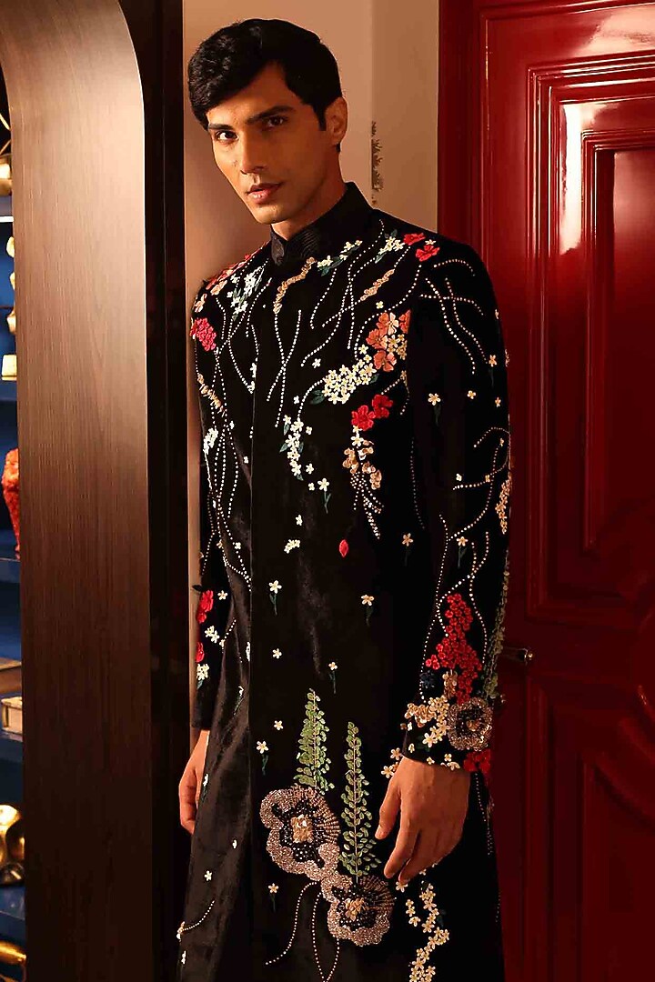 Black Silk Velvet Hand Embroidered Groom Indowestern Set by Sahil Kochhar Men at Pernia's Pop Up Shop