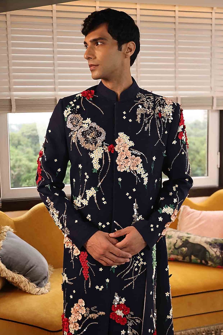 Black Silk Velvet Hand Embroidered Groom Indowestern Set by Sahil Kochhar Men at Pernia's Pop Up Shop