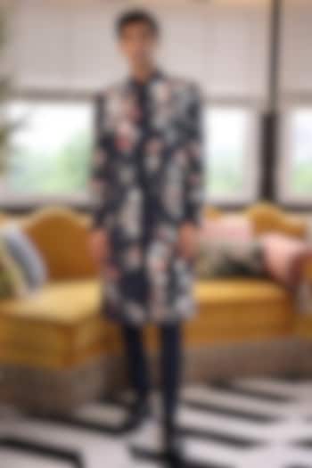 Blue Matka Silk & Katan Fabric Hand Embroidered Groom Sherwani Set by Sahil Kochhar Men at Pernia's Pop Up Shop