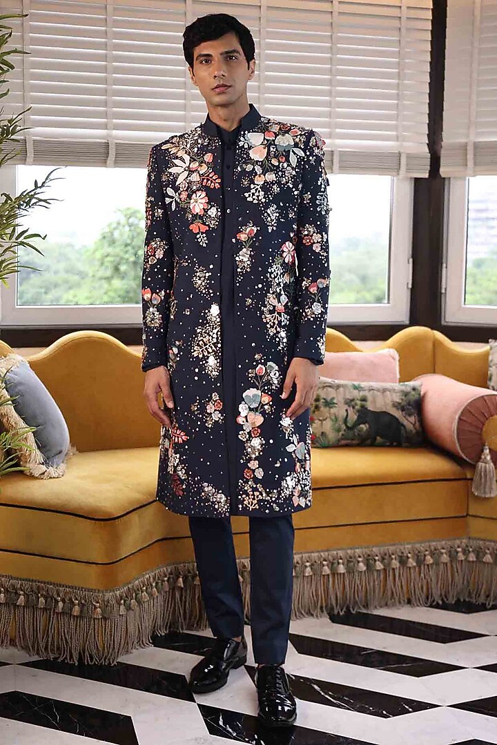 Blue Matka Silk & Katan Fabric Hand Embroidered Groom Sherwani Set by Sahil Kochhar Men at Pernia's Pop Up Shop