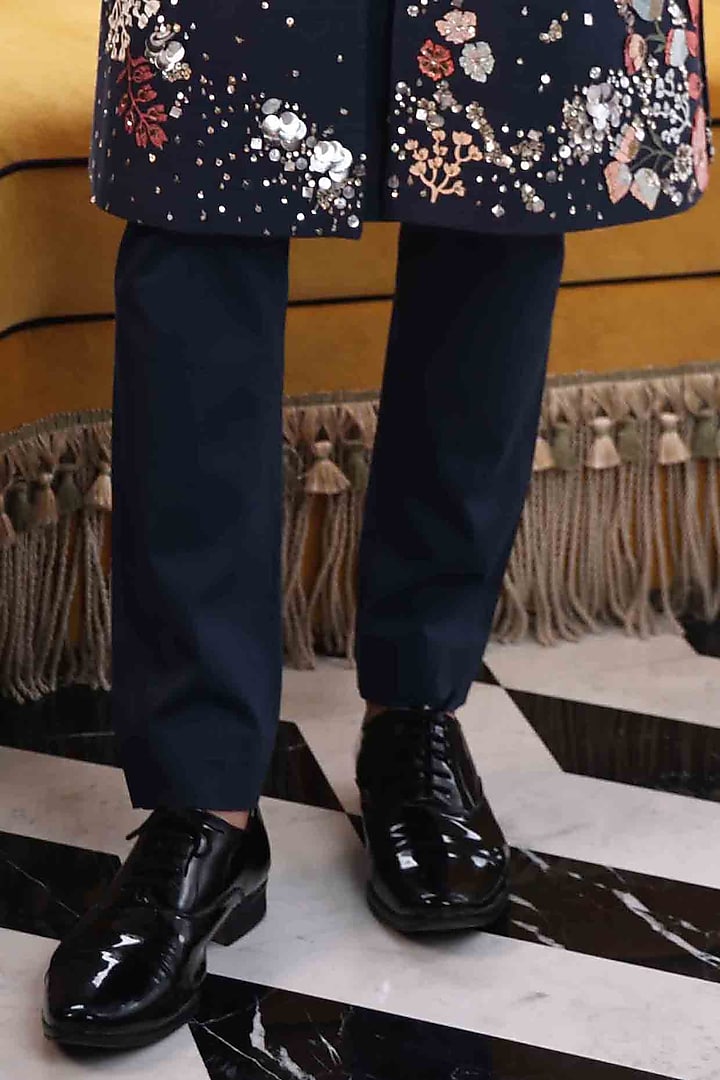 Blue Matka Silk & Katan Fabric Hand Embroidered Groom Indowestern Set by Sahil Kochhar Men at Pernia's Pop Up Shop