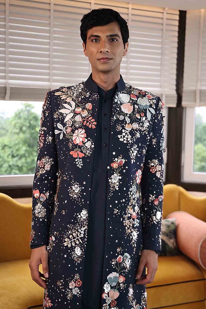 Blue Matka Silk & Katan Fabric Hand Embroidered Groom Indowestern Set by Sahil Kochhar Men at Pernia's Pop Up Shop