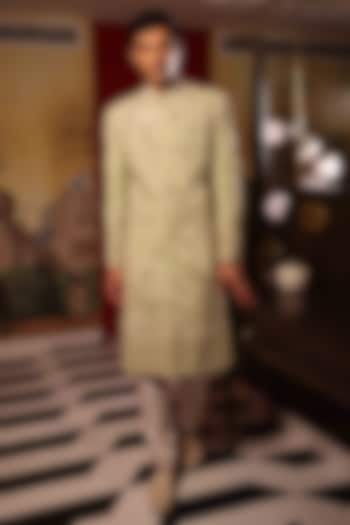 Pista Green Matka Silk Hand Embroidered Groom Sherwani Set by Sahil Kochhar Men at Pernia's Pop Up Shop