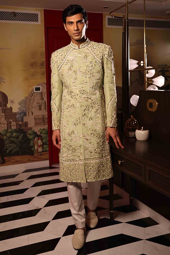 Pista Green Matka Silk Hand Embroidered Groom Sherwani Set by Sahil Kochhar Men at Pernia's Pop Up Shop
