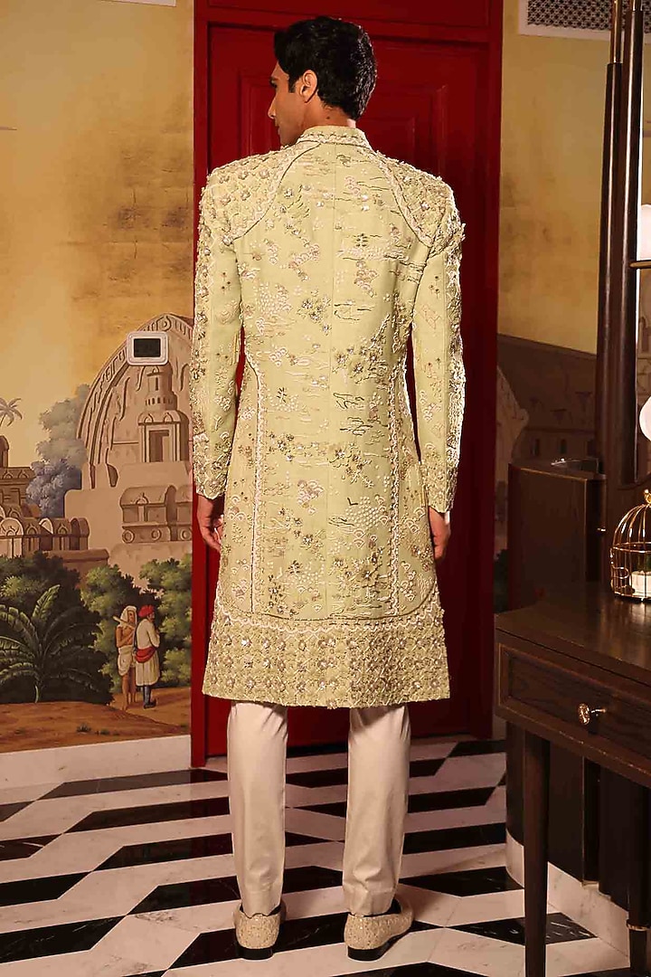 Pista Green Matka Silk Hand Embroidered Groom Sherwani Set by Sahil Kochhar Men at Pernia's Pop Up Shop