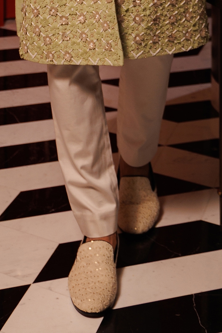 Pista Green Matka Silk Hand Embroidered Groom Sherwani Set by Sahil Kochhar Men at Pernia's Pop Up Shop