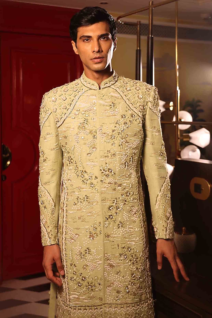 Pista Green Matka Silk Hand Embroidered Groom Sherwani Set by Sahil Kochhar Men at Pernia's Pop Up Shop