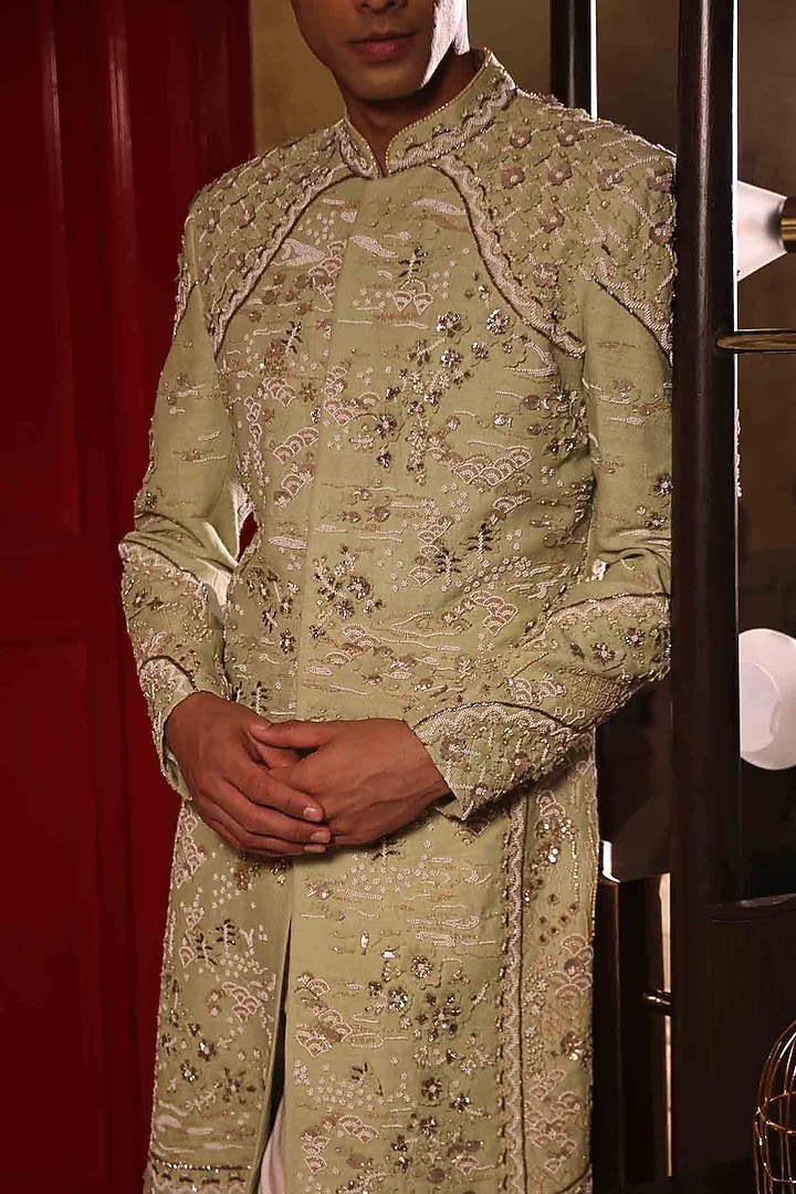 Pista Green Matka Silk Hand Embroidered Groom Sherwani Set by Sahil Kochhar Men at Pernia's Pop Up Shop