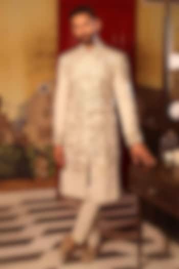 Ivory Matka Silk Hand Embroidered Groom Sherwani Set by Sahil Kochhar Men at Pernia's Pop Up Shop