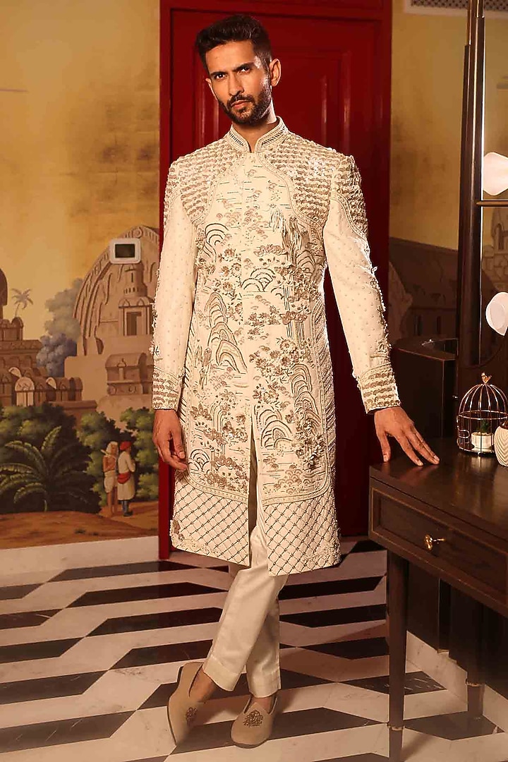 Ivory Matka Silk Hand Embroidered Groom Sherwani Set by Sahil Kochhar Men at Pernia's Pop Up Shop