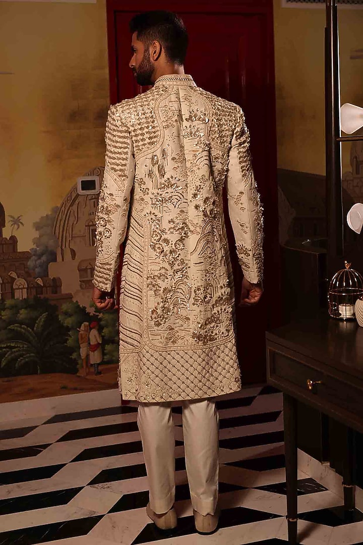 Ivory Matka Silk Hand Embroidered Groom Sherwani Set by Sahil Kochhar Men at Pernia's Pop Up Shop