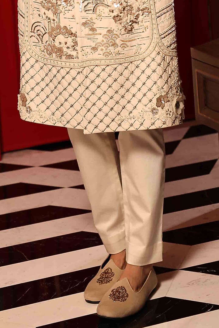 Ivory Matka Silk Hand Embroidered Groom Sherwani Set by Sahil Kochhar Men at Pernia's Pop Up Shop
