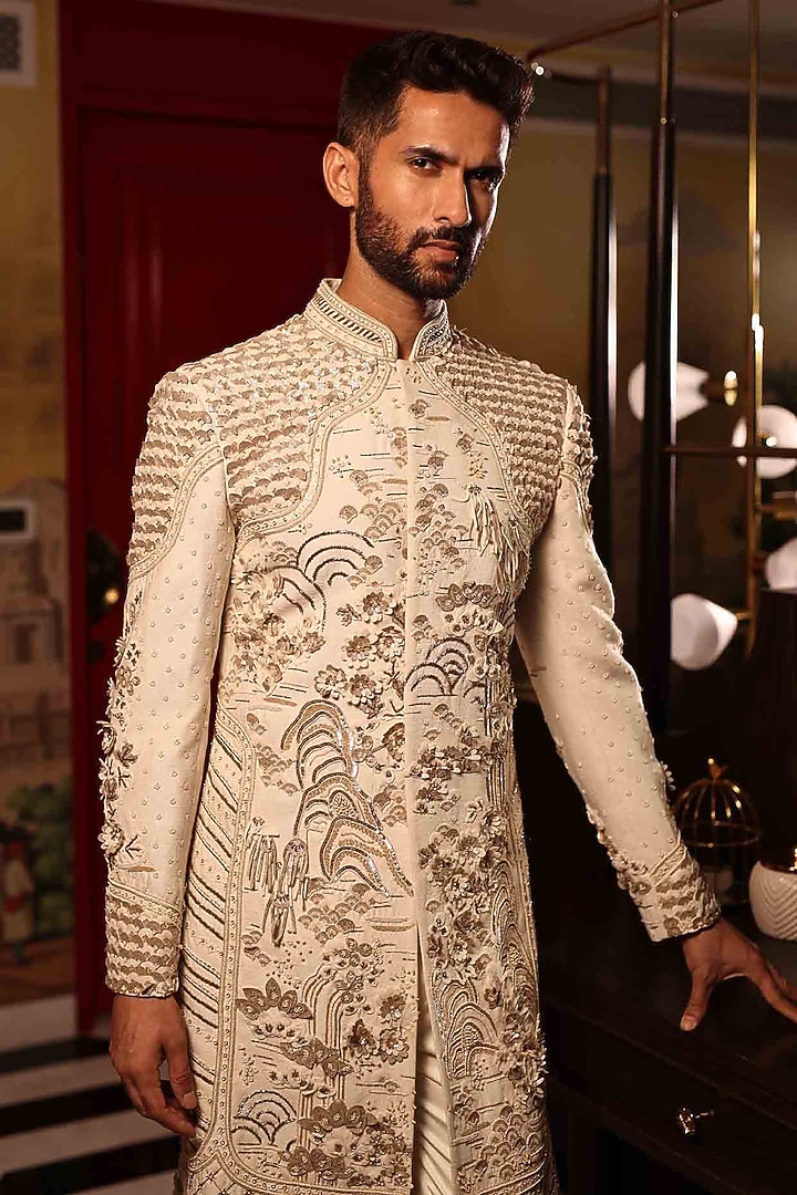 Ivory Matka Silk Hand Embroidered Groom Sherwani Set by Sahil Kochhar Men at Pernia's Pop Up Shop