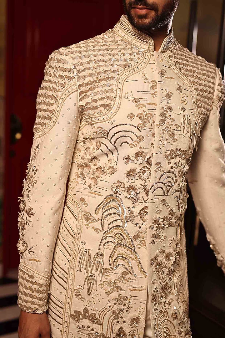 Ivory Matka Silk Hand Embroidered Groom Sherwani Set by Sahil Kochhar Men at Pernia's Pop Up Shop