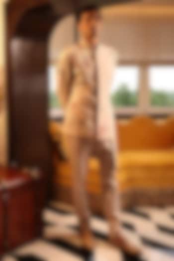 Peach Matka Silk Hand Embroidered Groom Bandhgala Set by Sahil Kochhar Men at Pernia's Pop Up Shop