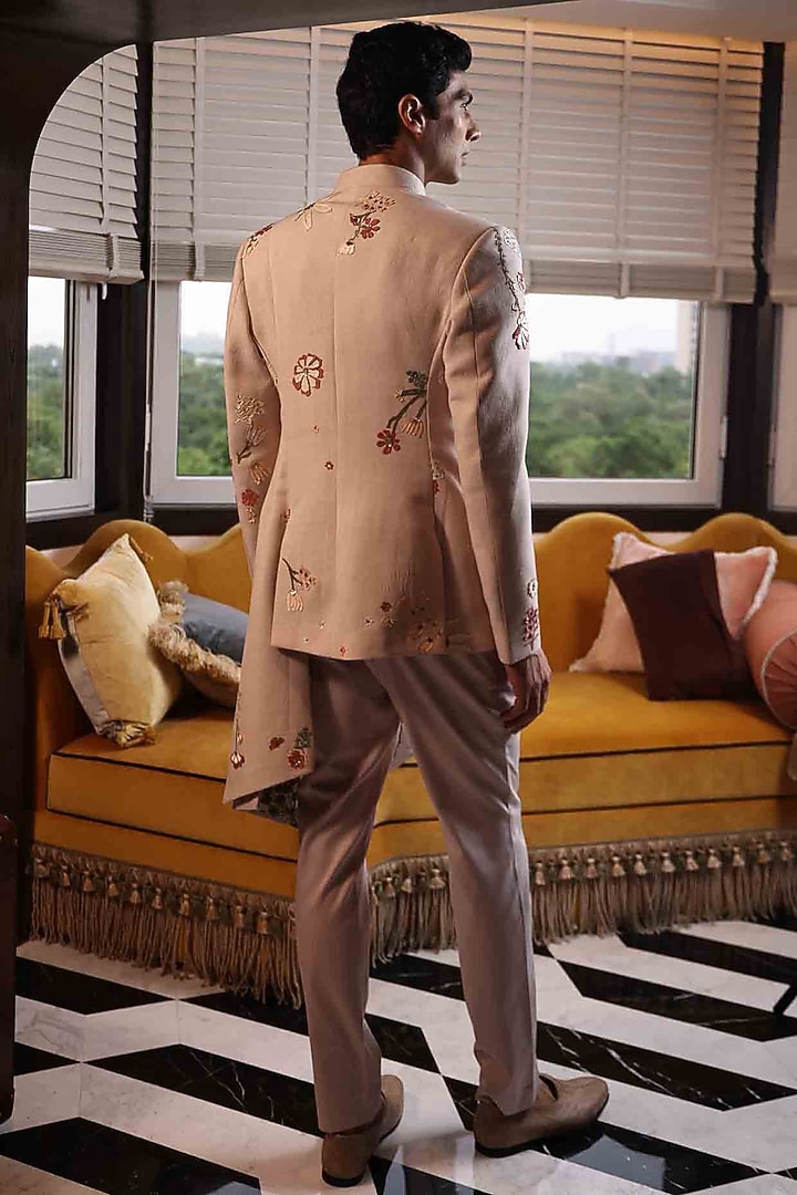Peach Matka Silk Hand Embroidered Groom Bandhgala Set by Sahil Kochhar Men at Pernia's Pop Up Shop