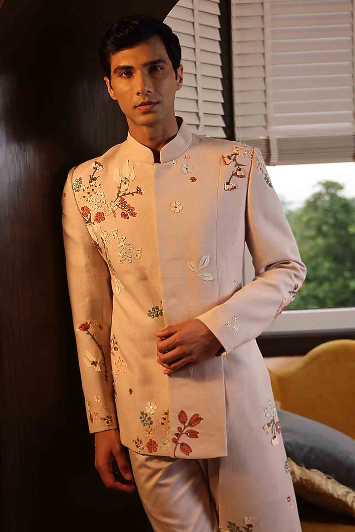 Peach Matka Silk Hand Embroidered Groom Bandhgala Set by Sahil Kochhar Men at Pernia's Pop Up Shop