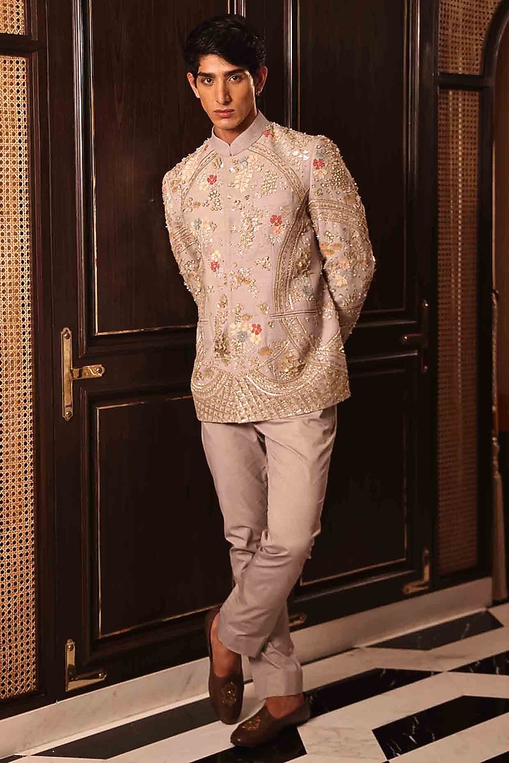 Grey Matka Silk Hand Embroidered Groom Bandhgala Set by Sahil Kochhar Men at Pernia's Pop Up Shop