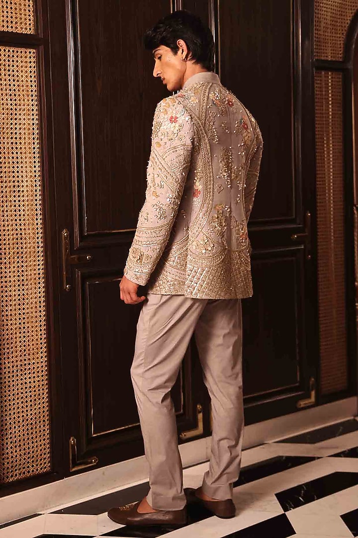 Grey Matka Silk Hand Embroidered Groom Bandhgala Set by Sahil Kochhar Men at Pernia's Pop Up Shop
