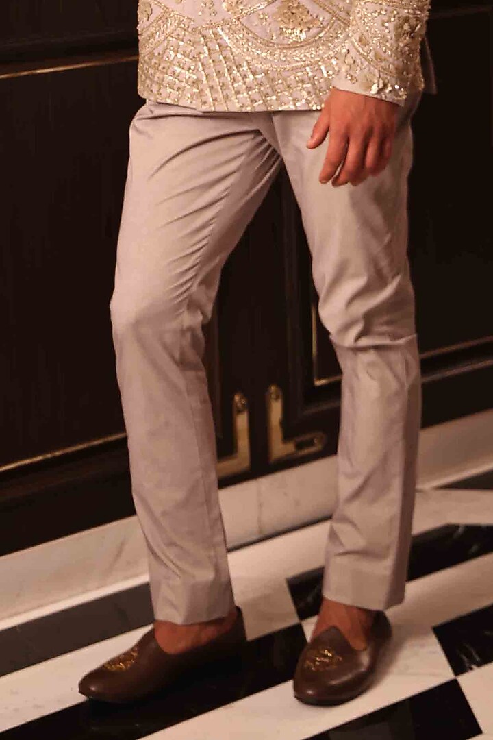 Grey Matka Silk Hand Embroidered Groom Bandhgala Set by Sahil Kochhar Men at Pernia's Pop Up Shop