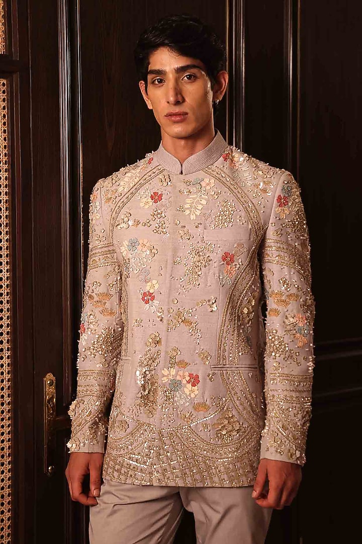 Grey Matka Silk Hand Embroidered Groom Bandhgala Set by Sahil Kochhar Men at Pernia's Pop Up Shop