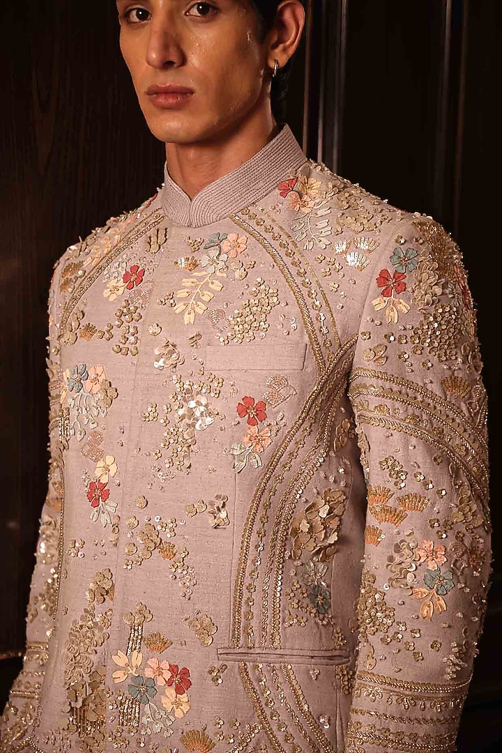 Grey Matka Silk Hand Embroidered Groom Bandhgala Set by Sahil Kochhar Men at Pernia's Pop Up Shop