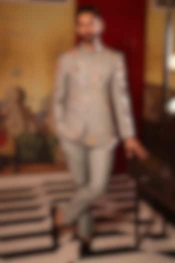 Green Suiting Hand Embroidered Groom Bandhgala Set by Sahil Kochhar Men at Pernia's Pop Up Shop