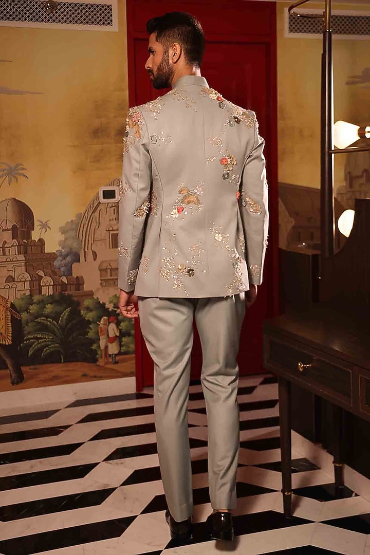 Grey Suiting Hand Embroidered Groom Bandhgala Set by Sahil Kochhar Men at Pernia's Pop Up Shop