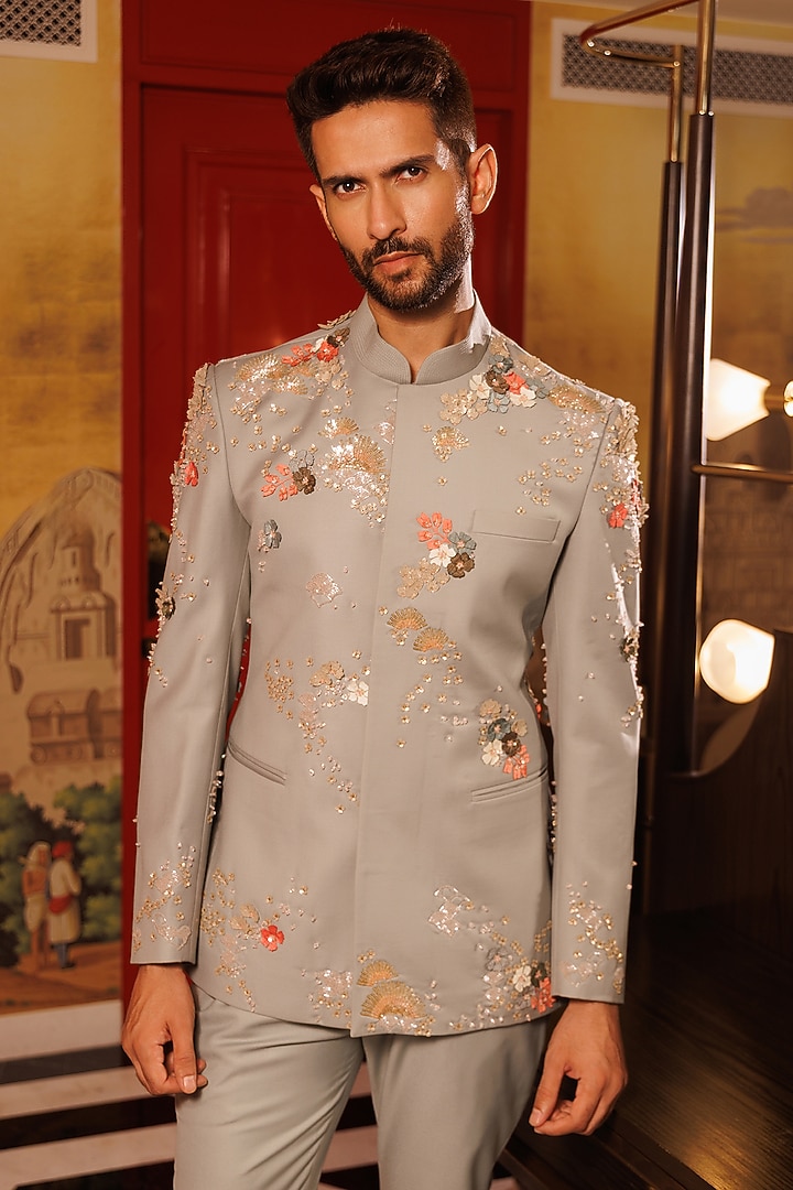 Grey Suiting Hand Embroidered Groom Bandhgala Set by Sahil Kochhar Men at Pernia's Pop Up Shop
