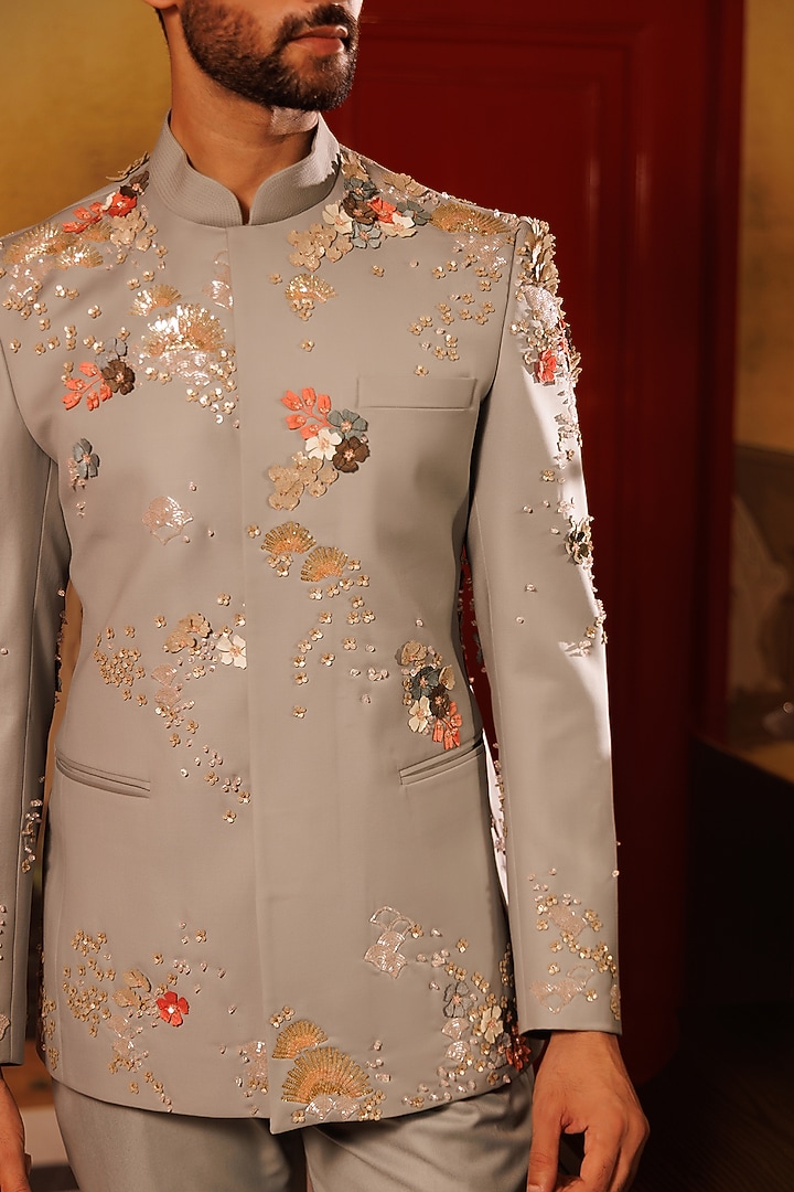 Grey Suiting Hand Embroidered Groom Bandhgala Set by Sahil Kochhar Men at Pernia's Pop Up Shop