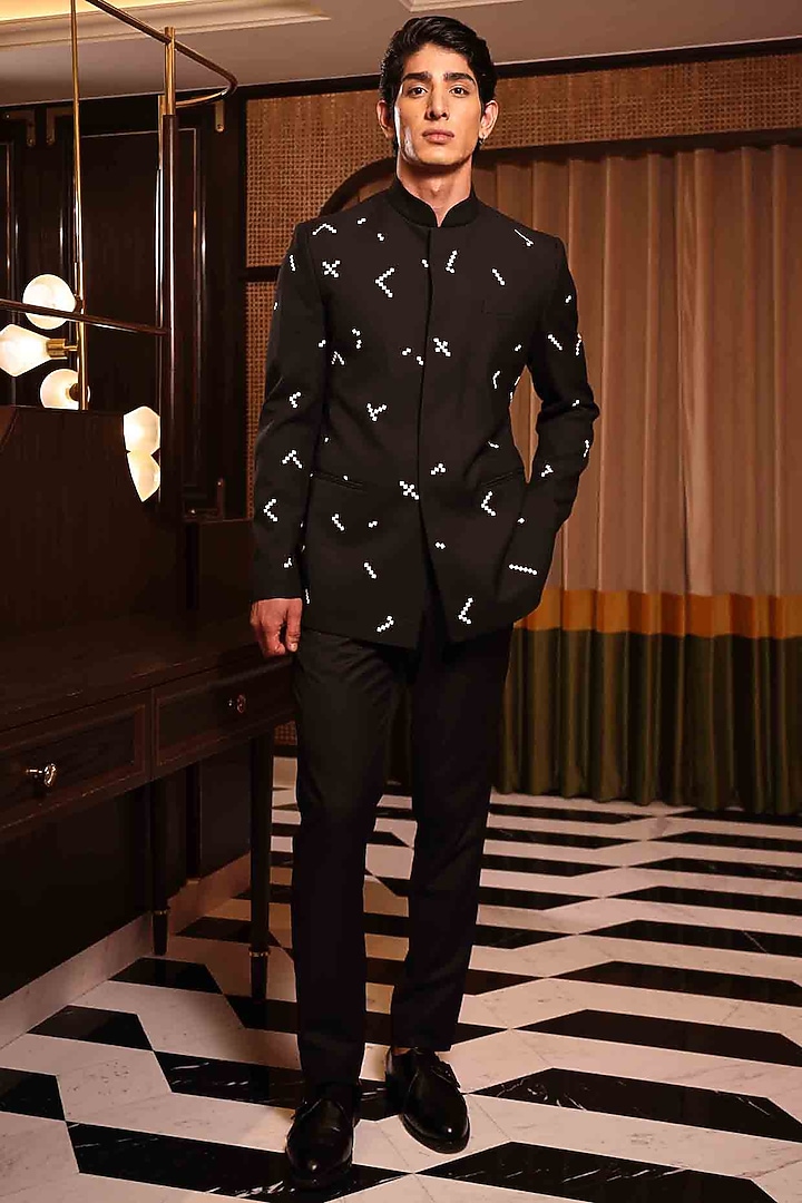 Black Suiting Hand Embroidered Groom Bandhgala Set by Sahil Kochhar Men at Pernia's Pop Up Shop