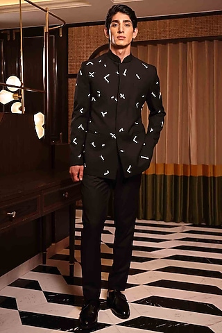 Black Suiting Hand Embroidered Bandhgala Set by Sahil Kochhar Men