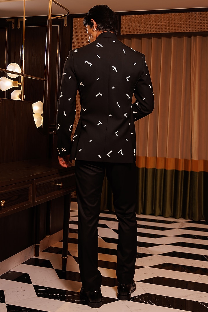 Black Suiting Hand Embroidered Groom Bandhgala Set by Sahil Kochhar Men at Pernia's Pop Up Shop
