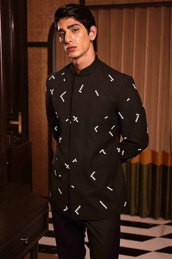 Black Suiting Hand Embroidered Groom Bandhgala Set by Sahil Kochhar Men at Pernia's Pop Up Shop