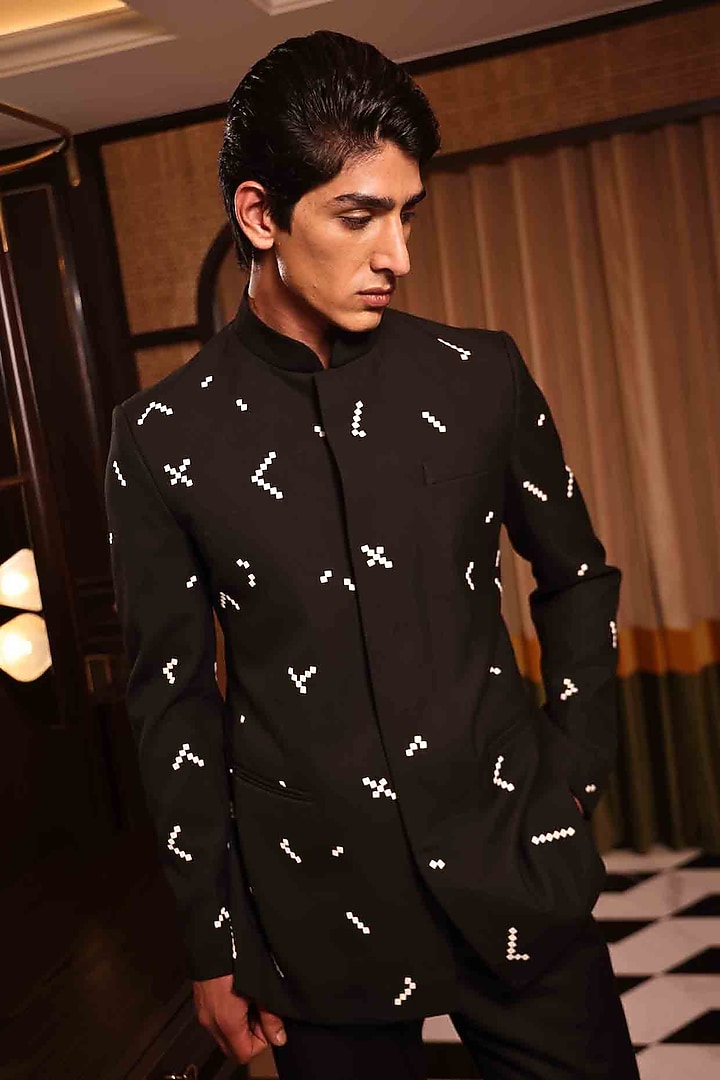 Black Suiting Hand Embroidered Groom Bandhgala Set by Sahil Kochhar Men at Pernia's Pop Up Shop