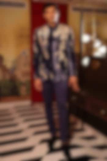 Blue Silk Velvet Hand Embroidered Wedding Bandhgala Set by Sahil Kochhar Men at Pernia's Pop Up Shop