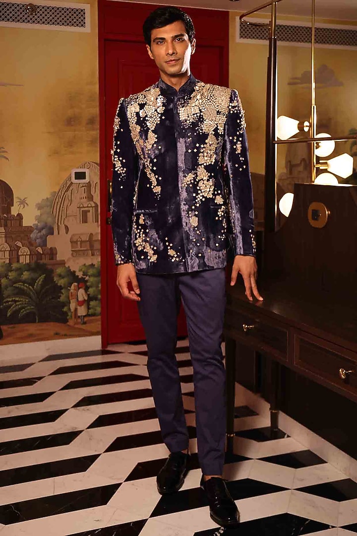 Blue Silk Velvet Hand Embroidered Wedding Bandhgala Set by Sahil Kochhar Men at Pernia's Pop Up Shop