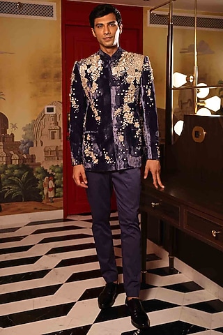 Blue Silk Velvet Hand Embroidered Bandhgala Set by Sahil Kochhar Men