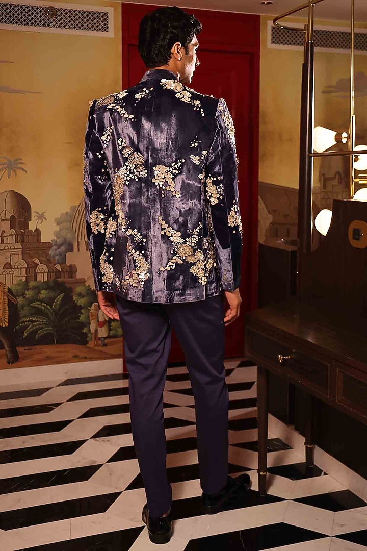 Blue Silk Velvet Hand Embroidered Groom Bandhgala Set by Sahil Kochhar Men at Pernia's Pop Up Shop