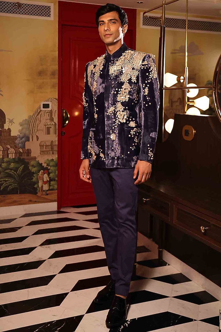 Blue Silk Velvet Hand Embroidered Groom Bandhgala Set by Sahil Kochhar Men at Pernia's Pop Up Shop