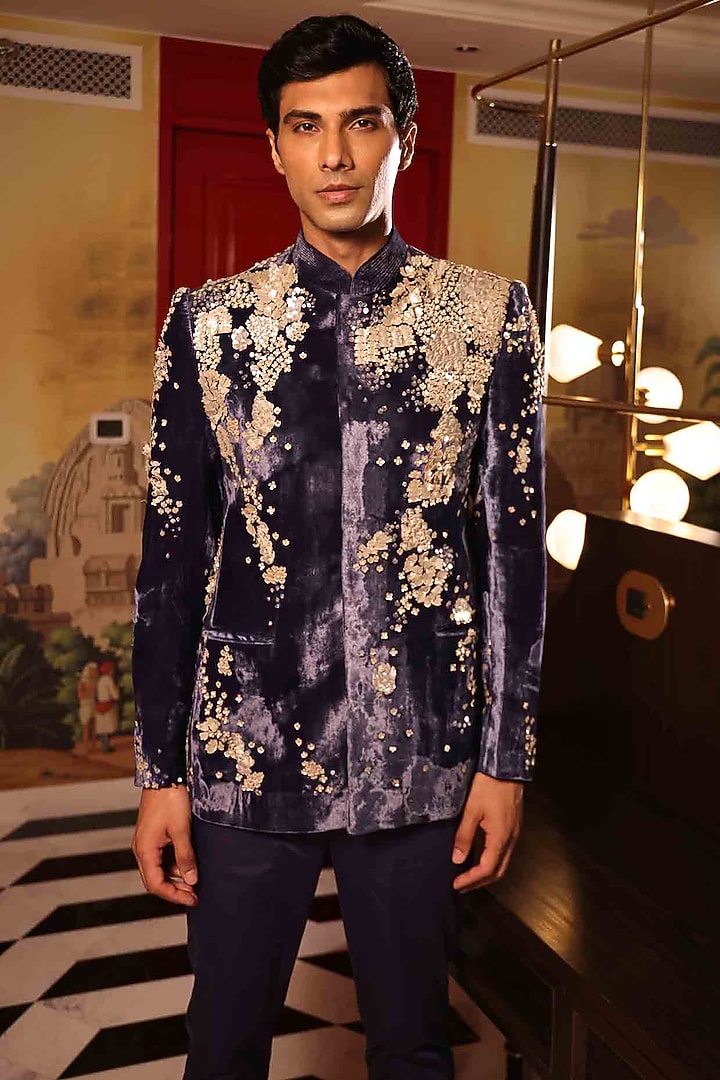 Blue Silk Velvet Hand Embroidered Groom Bandhgala Set by Sahil Kochhar Men at Pernia's Pop Up Shop
